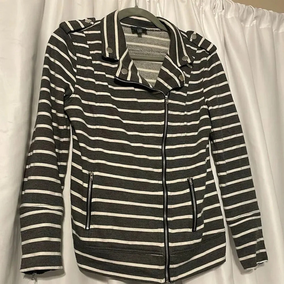 Market & Spruce Jackets & Blazers - Market & Spruce Women's Zip Sweater Jacket M Gray/White Stripes Motorcycle Style